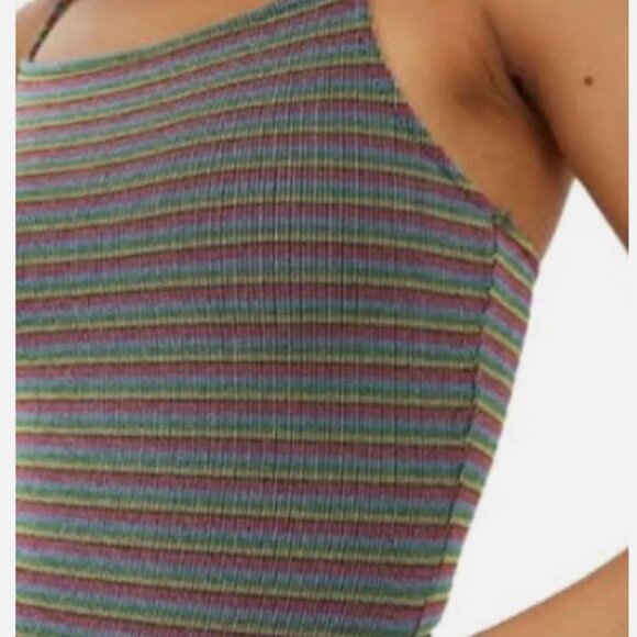 TOPSHOP Size 2 Rainbow Pink Blue Metallic Stretch Bodysuit Square Neckline - Picture 2 of 5